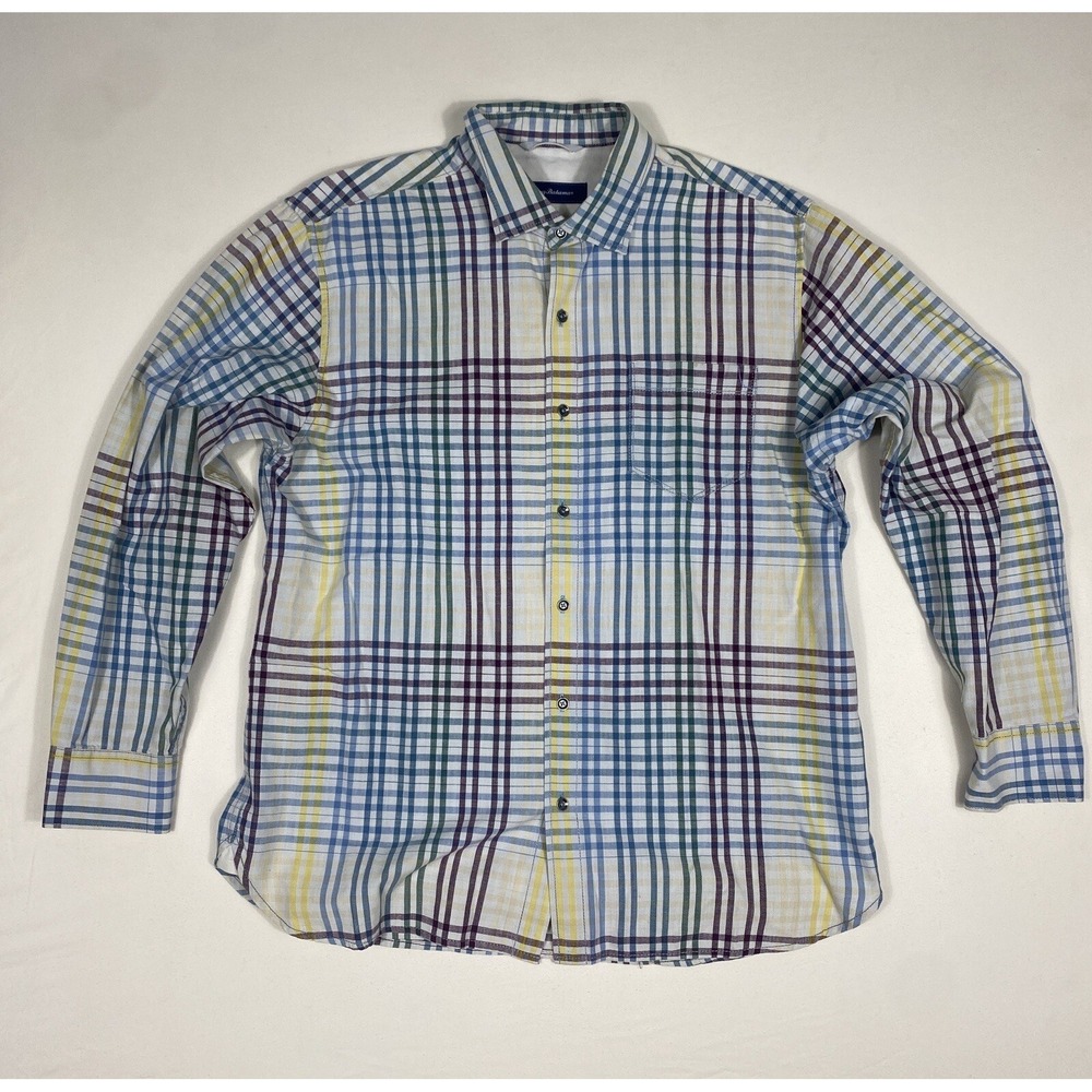 Tommy Bahama Men's Large Button Shirt Modern Plaid Modern Casual Cotton
